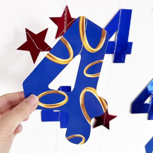 Image of 42Ft Hedgehog 4th Birthday Party Decorations Red Blue Stars and Gold Rings Garland Streamer for Kids Boys 4th Cartoon Hedgehog Birthday Baby Shower Gold Rings Bday Party Decor Supplies