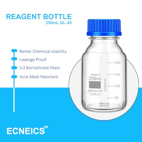 Image of Borosilicate Glass reagent bottle 250ml with leak proof Blue Screw Cap pack of 4 for glassware wide mouth chemical bottles for lab, laboratory, kitchen and professional use