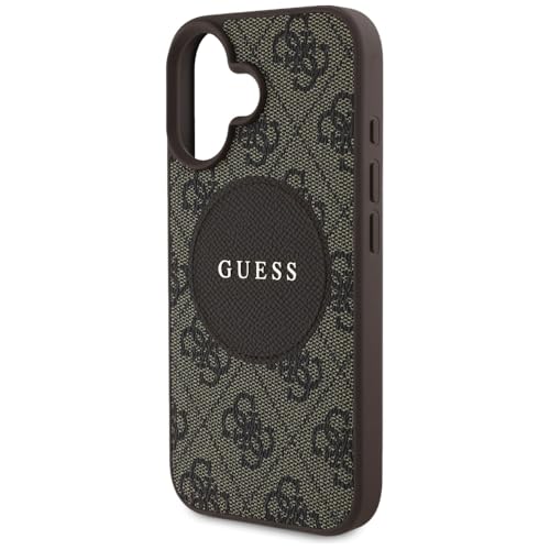 Image of CG MOBILE Guess [Official Licensed] Protective Case Designed for iPhone 16 |Magnetic Compatible |PU Case 4G Circle with Classic Logo - Brown