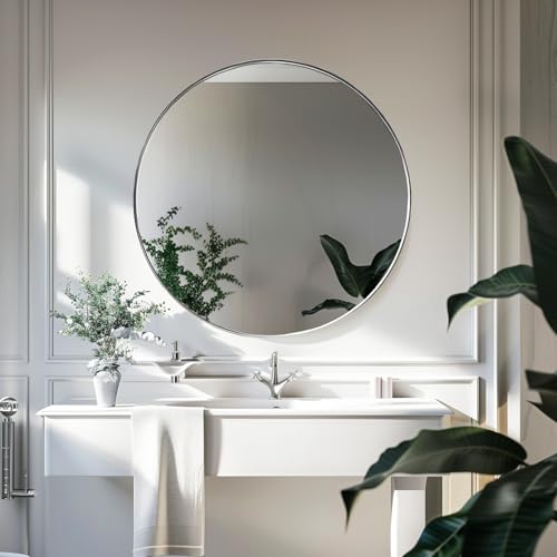 Image of Sunniry Silver Round Mirror 24 inch, Circle Mirror with Brushed Metal Frame, Nickel Circle Mirrors for Living Room, Bathroom, Wall, Hallway.