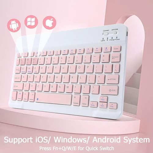 KUNSI Bluetooth Keyboard for iPad, Rechargeable Slim Portable Wireless Keyboard for iPad Tablets, Compatible for All iOS/Windows/Android System Devices-Pink - 4