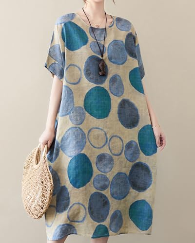 Image of LUZU JUNU Women's Summer Baggy Plus Size Loose Cotton Linen Long Boho Beach Dress with Pockets