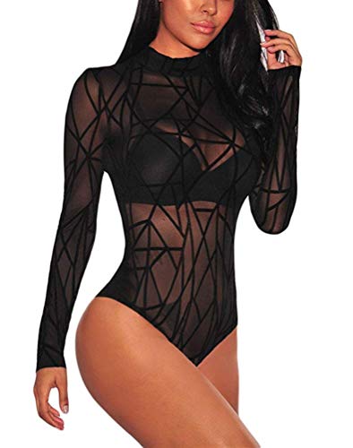 ENLACHIC Womens Sexy Black Sheer Mesh Long Sleeve Jumpsuit Bodysuits Clubwear One Piece,Black