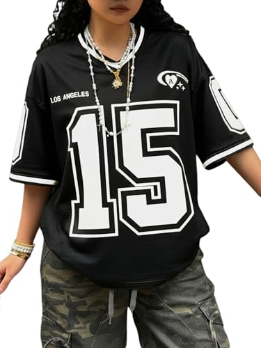 Image of SOLY HUX Jersey Shirts for Women Number Graphic Print V Neck Baggy Tees Hip Hop Streetwear