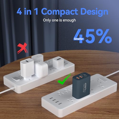Image of USB C Wall Fast Charger Block, 40W 4-Port Type C Charger Fast Charging Blocks PD Power Charger Adapter+QC 3.0 USB Multiport Charger Brick for Phone 17 /16 /15 /14 /13 /12 Pro Max, Pad, GalaxyS25-Navy Blue