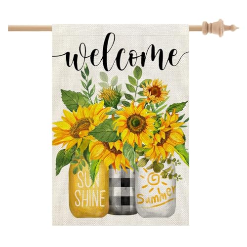 CROWNED BEAUTY Summer Sunflower House Flag Mason Jar Double Sided 28x40 Inches Large Burlap Seasonal Welcome Yard Porch Decoration for Outside