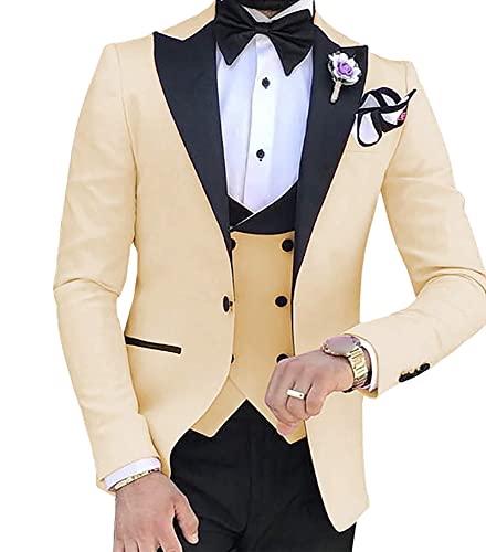 Men's Slim Fit 3 Piece Suit Set Peaked Lapel One Button Tuxedo Suits Solid Party Dinner Jacket Vest & Pants Sets (Apricot,2X-Small)