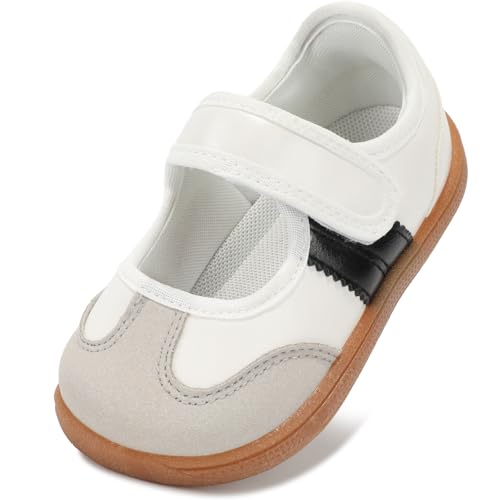 WIDE TOE BOX Toddler Girl Mary Jane Shoes Girls Classic Sneakers with Hook and Loop Non Slip Barefoot Shoe for School Classic White Black Toddler Size 7