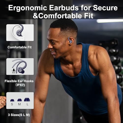 Image of Wireless Earbuds Bluetooth 5.3 Headphones Sports, 48H Over Ear Bud with ENC Mic, Stereo Deep Bass Bluetooth Earbud with Secure Earhooks, LED Display, IPX7 Waterproof Earphone for Running /Gym Deep Blue