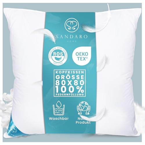 Sandaro Home Kopfkissen 80x80 Federn 1500g, Federkissen 80x80 cm mit 100% natürlicher Gänsefedernfüllung, Hautfreundlicher Bezug aus Reiner...