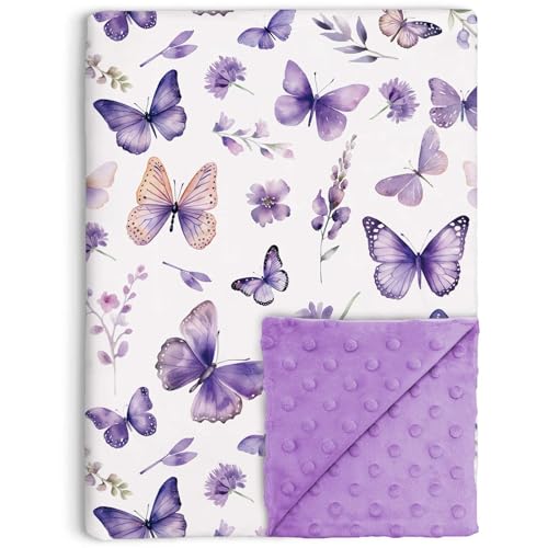 Image of Butterfly Baby Blanket for Girls, Toddler Soft Minky Blanket with Double Layer Dotted Backing, Purple Butterfly Theme Nursery, Flower Newborn Infant Toddler Crib Bedding Receiving Blankets, 30"x40"