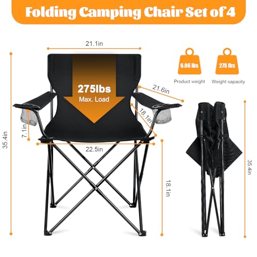 Image of HaSteeL Camping Chairs 4 Pack, Oversized Folding Lawn Chairs for Adults | Solid Construction, Portable & Light Weight, No Assembly Required