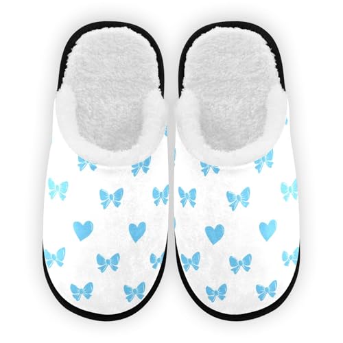 Cartoon Blue Cute Heart Bow Slippers For Women Men Soft Memory Foam Non-Slip Bow Winter Indoor House Shoes Travel Slipper