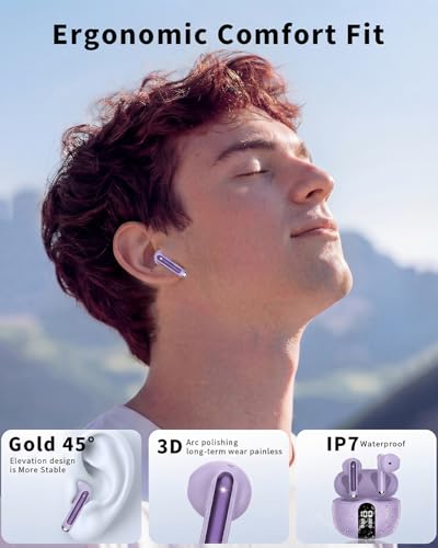 Image of Wireless Earbuds, 2026 Bluetooth 5.4 Headphones Bass Stereo Ear Buds with Noise Cancelling Mic, LED Display in Ear Earphones 50H Playtime Ear Buds, IP7 Waterproof for Laptop Pad Phones Pure Purple