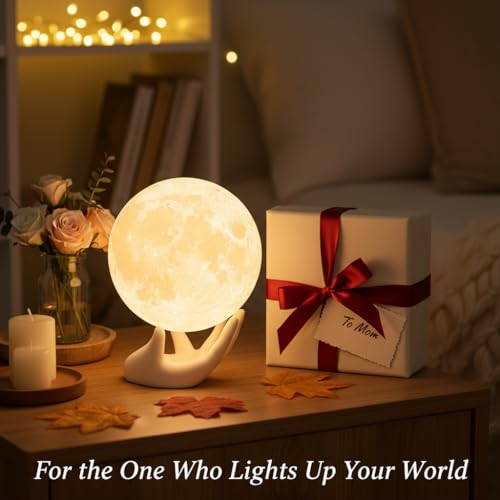 Mydethun 3.5 Inch 3D Moon Lamp – White Elephant Gift for Women Teenage Girls, Mood Lighting w/Ceramic Base, Dual-Color White/Yellow, Touch-Dimmable LED Night Light for Kids Room, Christmas Decor