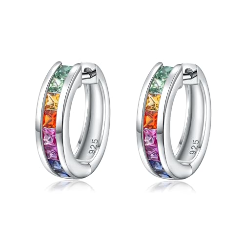 925 Sterling Silver Small Hoop Earrings for Women Girls Colorful Gemstone Emerald CZ Rose Gold Huggie Hoop Earrings