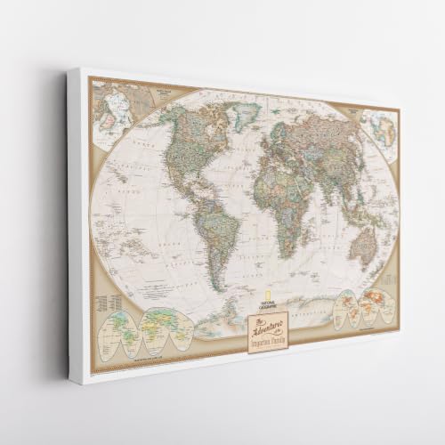 Image of Executive World Map with Pins - Detailed National Geographic Canvas Travel Map - Large Modern Frameless Wall Art - Gallery Wrap - 30 inch x 45 inch
