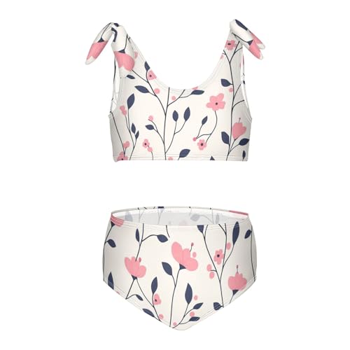 KLL Pink Floral Plant Small Fresh Background Girls' Two Piece Bikini Sets Beach Swimsuits Swimwear Adjustable Shoulder Strap