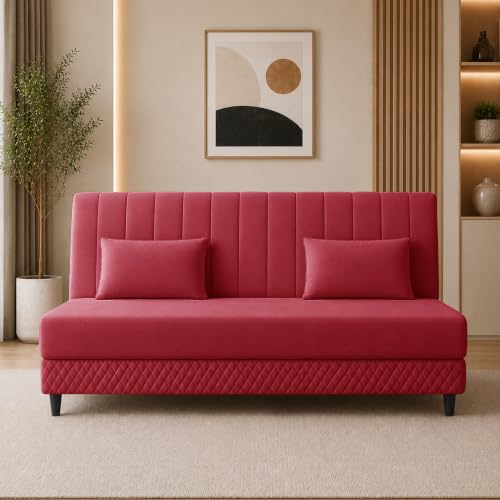 Image of Rosebell Modern 3 Seater Velvet Sofa Cum Bed with Cushion | Premium Upholstered Fabric | Tufted Backrest | Wooden Legs | Living Room Furniture | Red