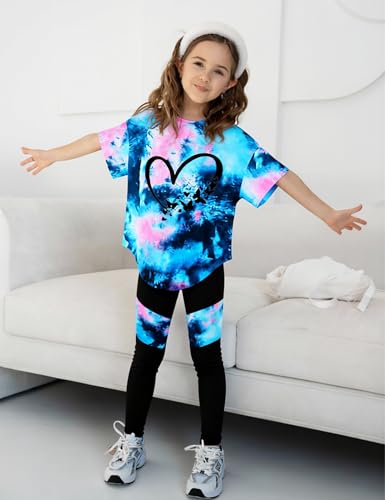 Image of Girls 2 Piece Outfits Kids Clothes Pants Sets Print Short Sleeve Top Leggings Spring Summer Tracksuit 4-13Y