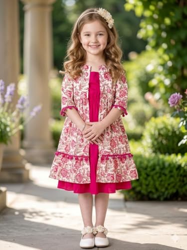Image of Girls Floral Printed A-Line Cotton Below The Knee Dress with Attached Shrug | Girls Dresses Design No PP280 Color Pink Size 9-10Y