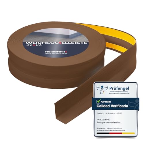 HOLZBRINK Rodapie PVC adhesivo 32x23mm, 10 m | Rodapie flexible para el acabado de encimeras cocina, muebles baño | Perfil PVC | Color: roble oscuro