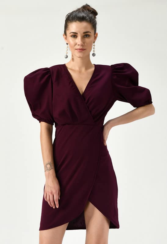 Image of Women's Puff Sleeve V-Neck Bodycon Casual Mini Dress