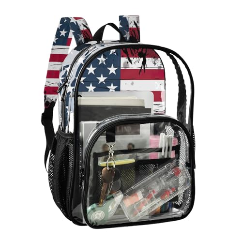 American Flag Clear Backpack with Back Print, Heavy Duty See Through Backpacks PVC Transparent Daypack for Travel Security2