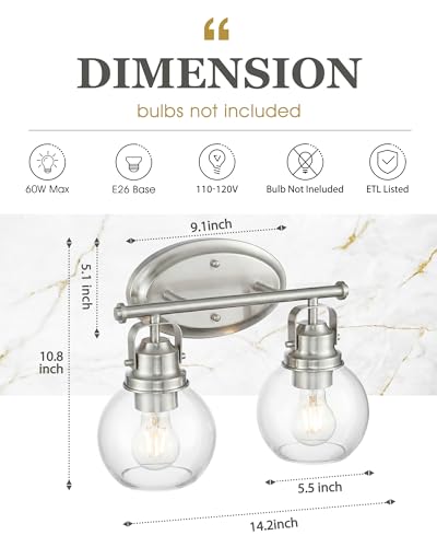 Image of Bathroom Light Fixtures, 2-Light 14 inch Brushed Nickel Vanity Lights with Clear Globe Glass Shades, Farmhouse Vintage Vanity Lighting Fixtures Over Mirror, E26 Base, AD-2147-2W-SN
