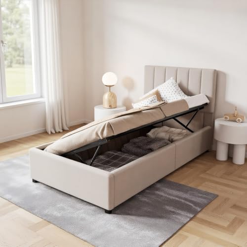 Cama individual tapizada 90 x 200, baúl 90 x 200 cm con somier de láminas y cabecero ajustable en altura, cama individual contenedor hidráulico, lino, beige (beige, 203 x 90 x 105 cm)
