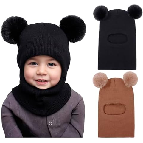 ENBAOHUI 2 Packs Toddler Girl Winter Hat Scarf Kids Winter Hat Boys Girls Beanies Knit Warm Balaclava Black&Caramel Cover