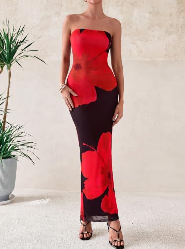 Image of PRETTYGARDEN Women Summer Strapless Maxi Dress Bodycon Floral Sexy Long Wedding Guest Dress Formal Tube Mesh Cocktail Dresses