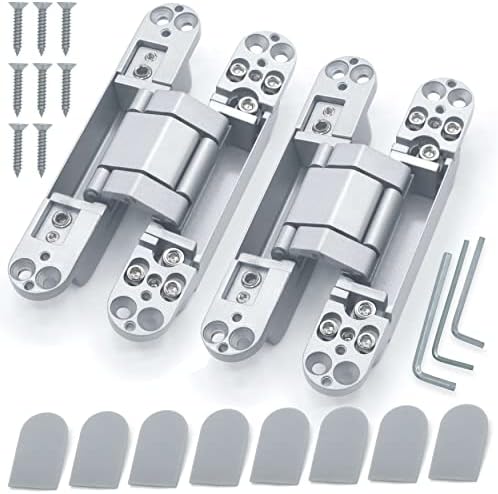 Hidden Door Hinges Invisible Hinges - 6 Inch Heavy Duty Zinc Alloy 3 Way Adjustable Butt Hinge, 180 Degree Swing Concealed Hinge, 6 x 2.5 x 1 Inch (2 Hinges, Sliver)
