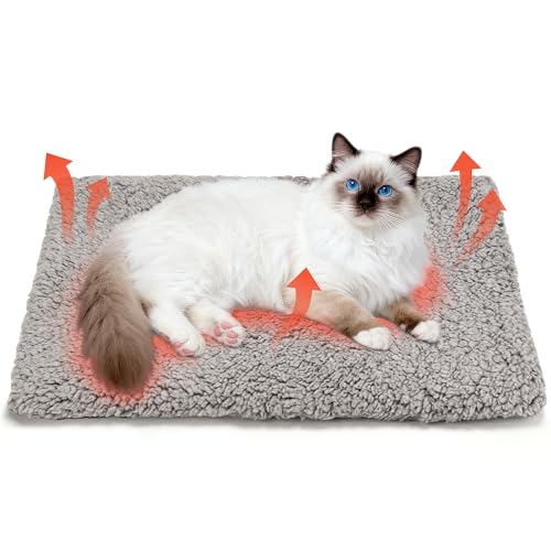 PatiencET Self Warming Cat Bed for Indoor Cats 14'' x 20'' - Cozy Fleece Heating Pad, Non-Electric Thermal Mat for Small Pets, Washable Soft Cushion for Winter Comfort and Warmth Grey