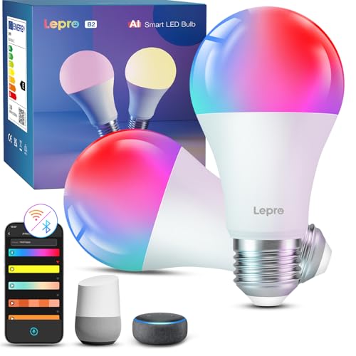 Lepro AI Smart Bulb E27, Music Sync WiFi Bulb, Voice Control Smart Screw Bulb, Colour Changing Light Bulbs, Work with Alexa & Google Assistant, Personalized AI Lighting Designer, 2 Packs