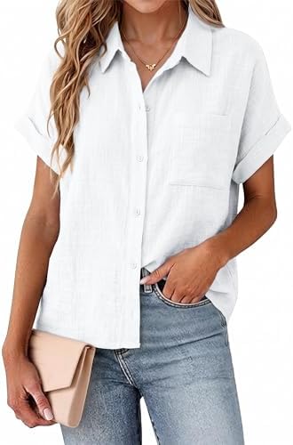 SEMARO Womens Cotton Button Down Shirts Casual Short Sleeve Solid...