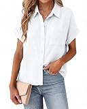 SEMARO Womens Cotton Linen Button Down Shirts Casual Short Sleeve Solid Summer Blouses Tops with Pocket White