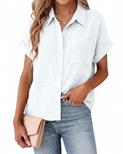 SEMARO Womens Cotton Linen Button Down Shirts Casual Short Sleeve Solid Summer Blouses Tops with Pocket White