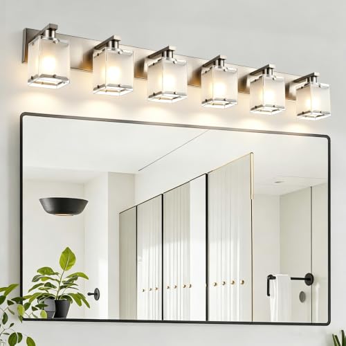 Image of 6-Light Bathroom Light, Brushed Nickel Vanity Light Fixture Over Mirror, Modern Wall Lamp with Rectangular Frosted Glass Shade, Wall Sconce Lighting for Living Room Bedroom Hallway