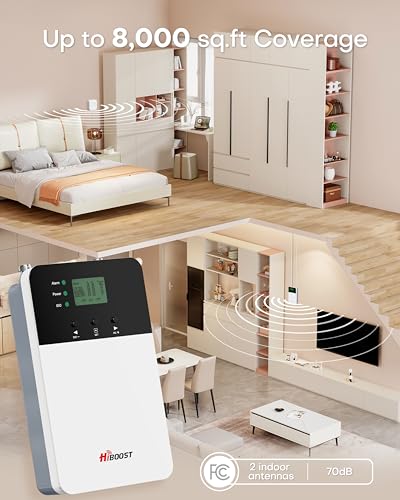 Image of Hiboost Cell Phone Signal Booster for Home Office and Multi Room, Covers up to 8000 Sq Ft with 2 Indoor Antennas, Boost 5G 4G LTE for All US Carriers (Verizon, AT&T, T-Mobile etc), FCC & App Support