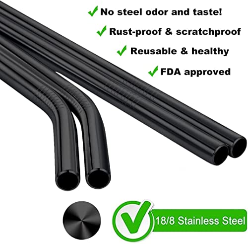 Image of Vinaco Reusable Wide Mouth Straws - 8.5 inch & 10.5 inch Stainless Steel, Set of 4 with CleanerBrush, Black Metal Straws forThicker Drinks