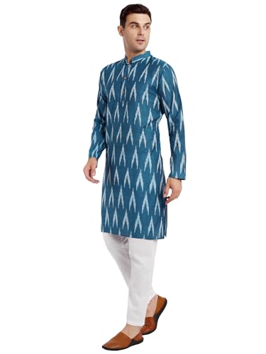 Image of SKAVIJ Men's Pure Cotton Printed Kurta Pajama Set Ikat Design Casual Ethnic Dress