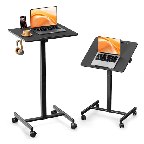 Image of JOY worker Mobile Standing Desk, 23.6 inch x 20.5 inch Small Rolling Laptop Cart with 90 Tiltable Desktop, Portable Height Adjustable Sit-Stand Computer Desk on Wheels for Home Office, Black
