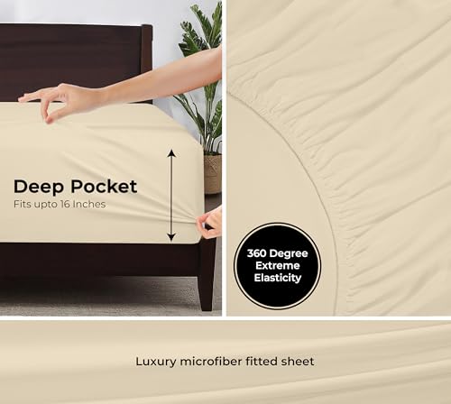 Image of Royale Linens Fitted Sheet King - Ultra Soft 1800 Brushed Microfiber - Hotel Luxury Bottom Sheets - Wrinkle Free & Fade Resistant - Deep Pocket Fitted Sheet Only (King, Sand)