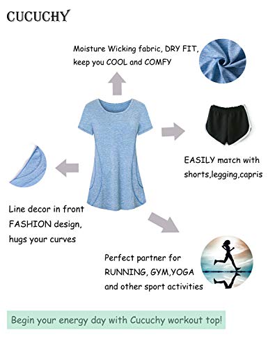 Cucuchy Yoga Outfit Women, Workout Clothing Petite Fitness Gym Top Basic Short Sleeve Round Neck Shirt Breathable Lightweight Tops Comfortable Quick Dry Clothes Training Jersey Shirts Blue M #TOP3