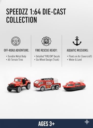 Image of Fire Truck Toy for Kids, Pack of 3 Die Cast Metal Toy Cars with Free Wheel, Fire Engine & Fire Brigade Emergency Rescue Vehicle Toy Set, Birthday Gift for Boys & Girls