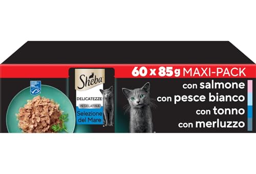 Sheba Delicatezze in Gelatina, Tonno, Salmone, Pesce Bianco e Merluzzo, cibo umido completo per gatti adulti, 60 bustine da 85g