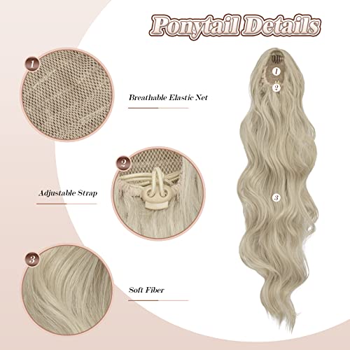FESHFEN Long Ponytail Extension Curly Wavy Clip in Synthetic Hairpieces Drawstring Ponytail Ash blonde Pony Tail Hairpiece Hair Pony Extension for Women Girls 24 inch - Image 3