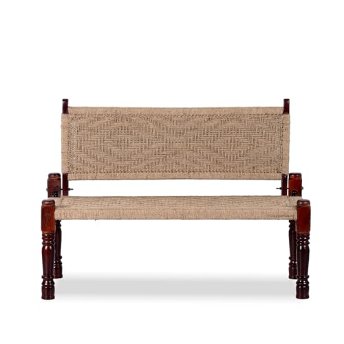 Image of Srima Wooden Bench for Living Room | Handcrafted Sheesham Wood Backrest Bench for Balcony & Garden | Traditional Rajasthani Patio for Outdoor with Jute Handwoven Rope | Jute