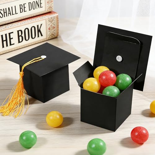 Image of 100Pcs Graduation Cap Gift Boxes, Graduation Candy Box with Graduation Stickers, Black Grad Cap Treat Cake Chocolate Biscuit Card Box Yellow Tassel, Graduation Decorations for Graduation Ceremony Party (100Pcs, Graduation Boxs with Graduation Stickers)